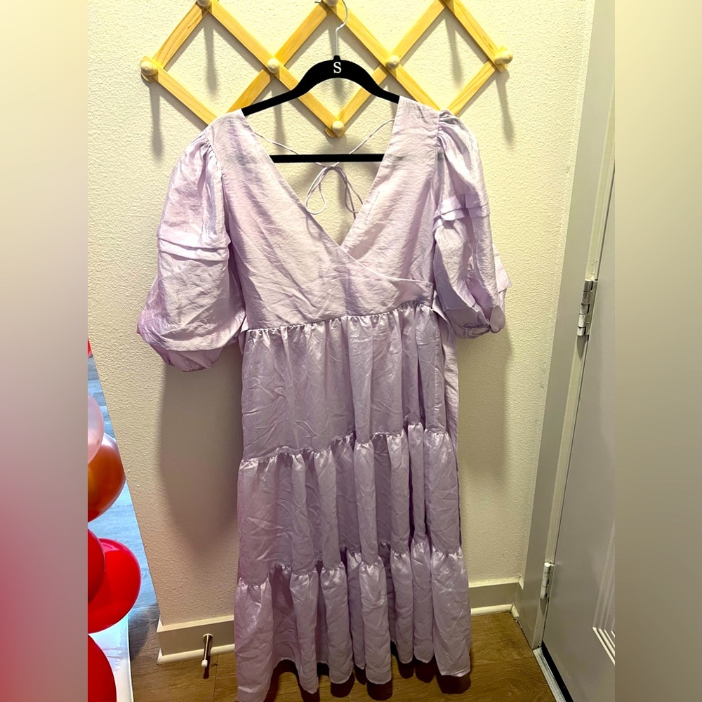 Whimsical lavender maxi dress with buffed sleeves